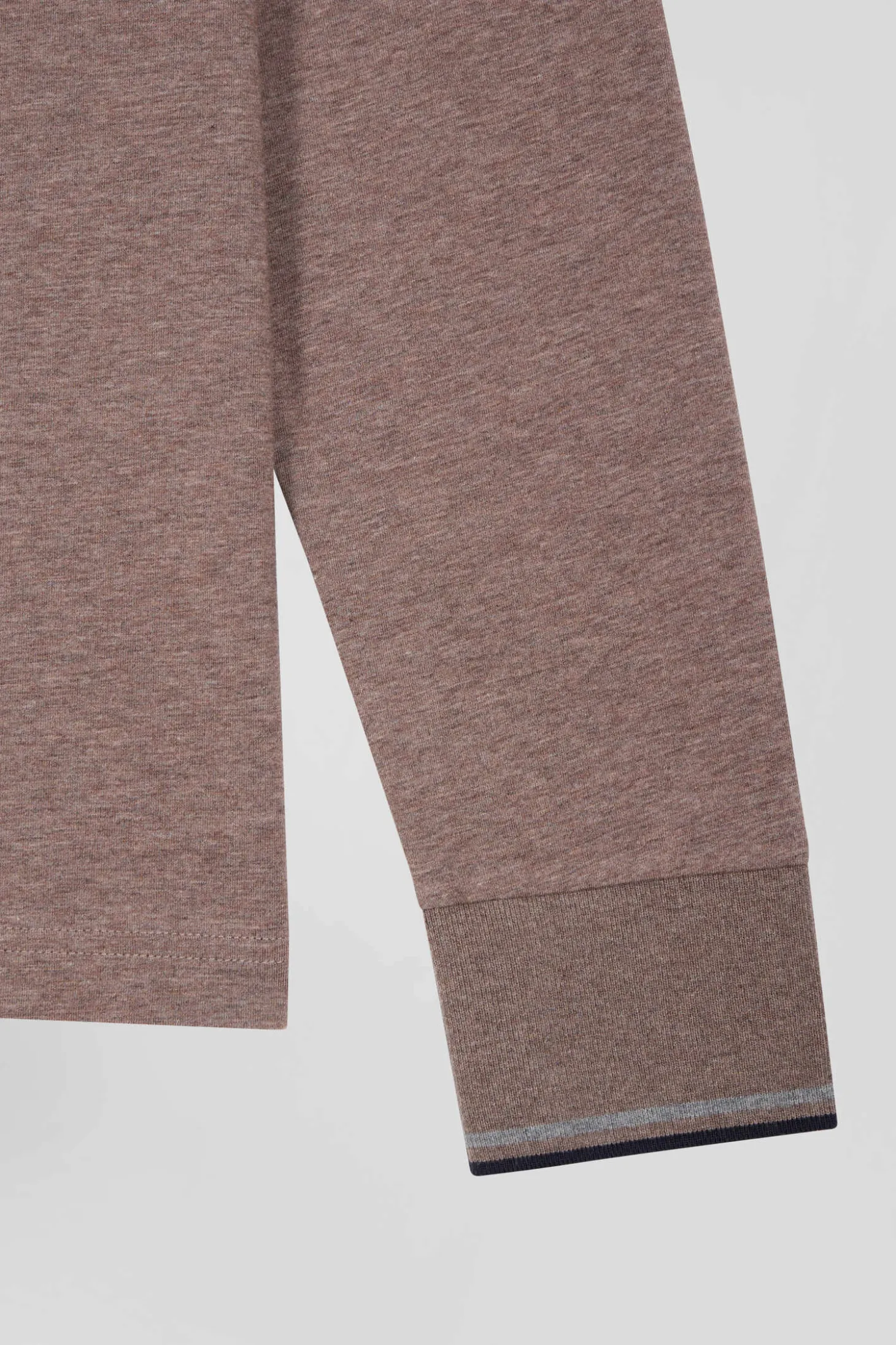 Polo manches longues marron en coton stretch finitions rayées