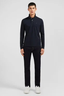 Polo manches longues noir uni en piqué de coton stretch