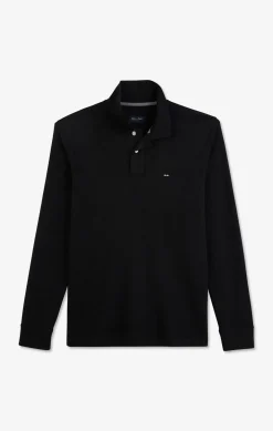 Polo manches longues noir uni en piqué de coton stretch