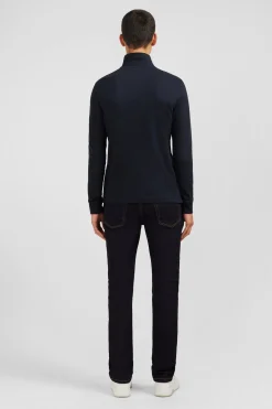 Polo manches longues noir uni en piqué de coton stretch