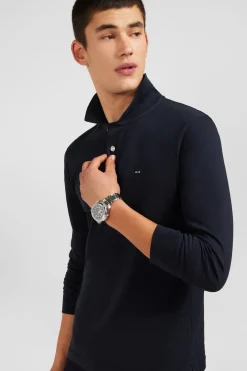 Polo manches longues noir uni en piqué de coton stretch