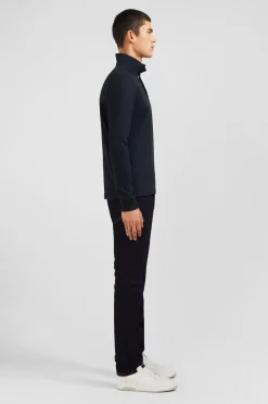 Polo manches longues noir uni en piqué de coton stretch