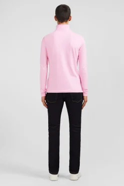 Polo manches longues rose uni en piqué de coton stretch