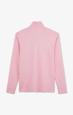 Polo manches longues rose uni en piqué de coton stretch