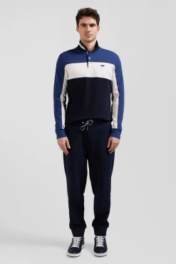 Polo manches longues tricolore en piqué coton bleu coupe Regular