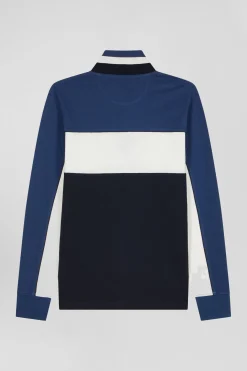 Polo manches longues tricolore en piqué coton bleu coupe Regular