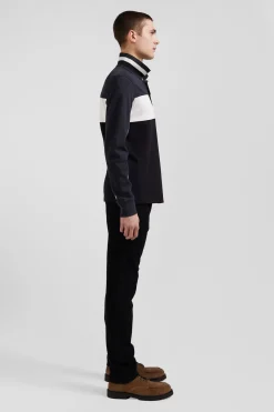 Polo manches longues tricolore en piqué coton noir coupe Regular