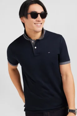 Polo noir en coton pima avec détails contrastés