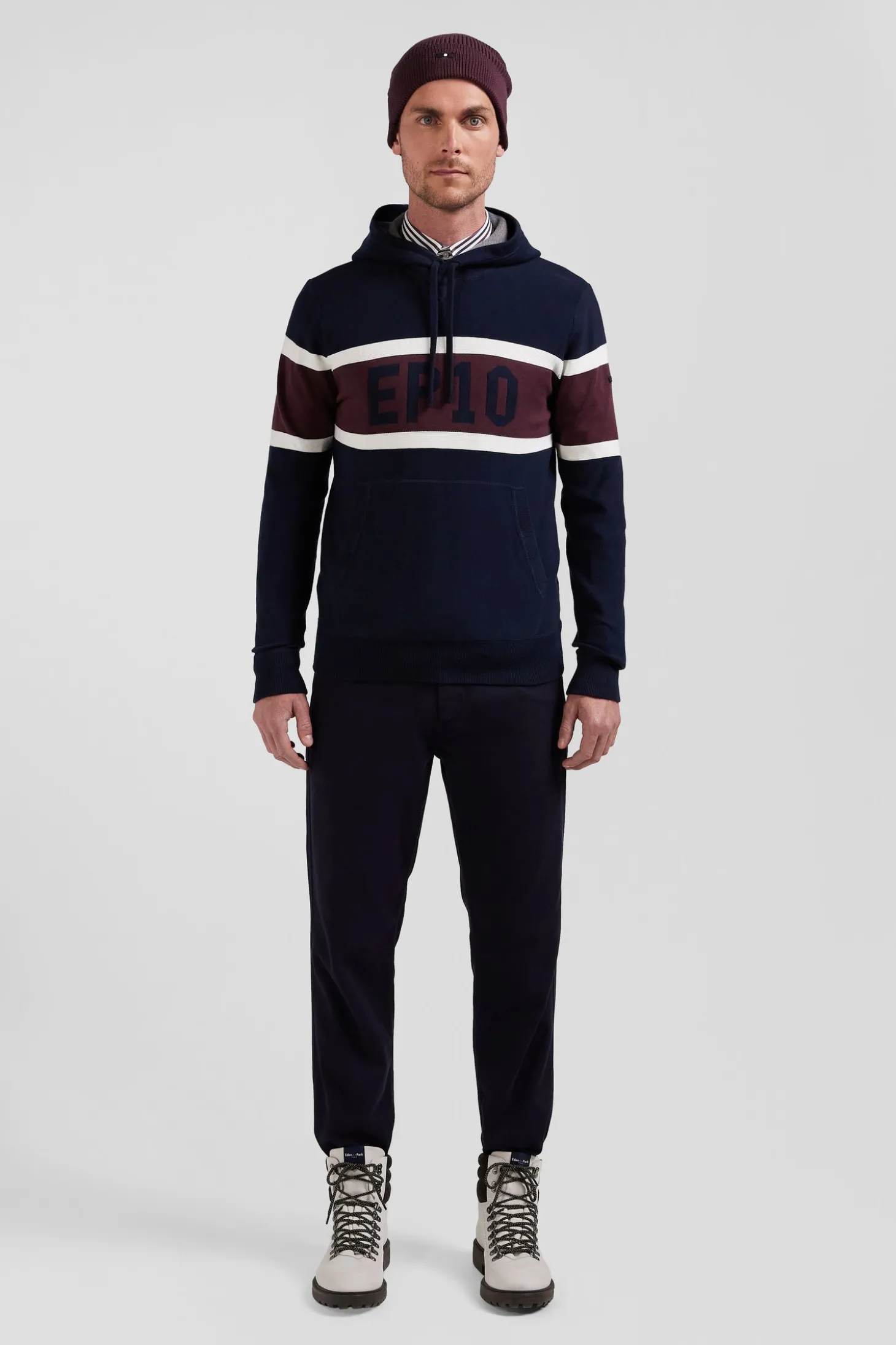 Pull à capuche en coton bleu marine jacquard EP10 coupe Regular