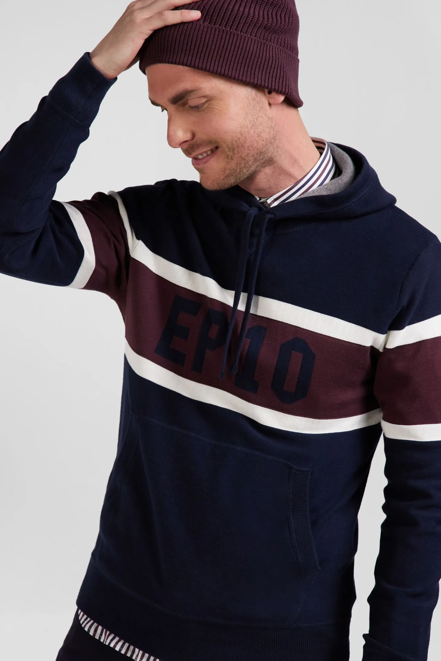 Pull à capuche en coton bleu marine jacquard EP10 coupe Regular