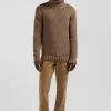 Pull à col roulé en laine et coton marron coupe Regular