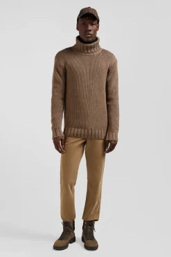 Pull à col roulé en laine et coton marron coupe Regular