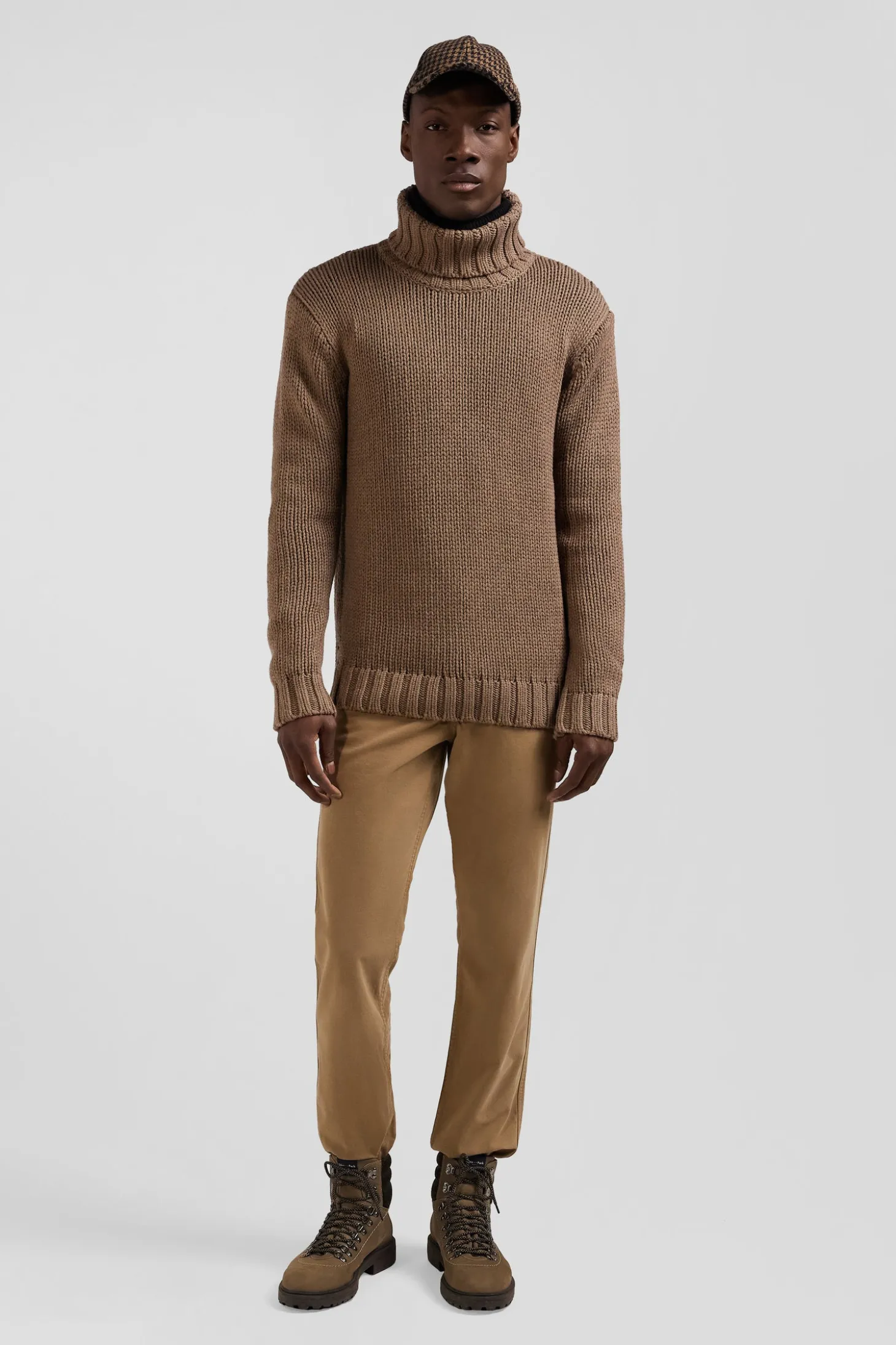 Pull à col roulé en laine et coton marron coupe Regular
