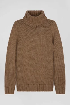 Pull à col roulé en laine et coton marron coupe Regular