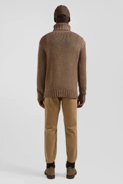 Pull à col roulé en laine et coton marron coupe Regular