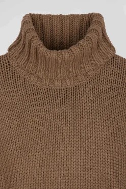 Pull à col roulé en laine et coton marron coupe Regular