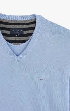 Pull bleu à Col V en coton