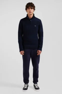 Pull col camionneur en coton bleu marine à jeux de maille coupe Regular