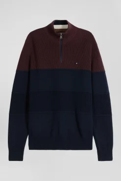 Pull col camionneur en coton bordeaux à jeux de maille coupe Regular
