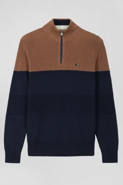 Pull col camionneur en coton camel à jeux de maille coupe Regular