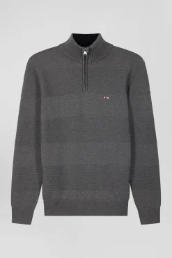 Pull col camionneur en coton gris à jeux de maille coupe Regular