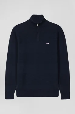 Pull col camionneur en coton bleu marine à jeux de maille coupe Regular