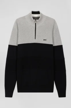Pull col camionneur en coton gris à jeux de maille coupe Regular