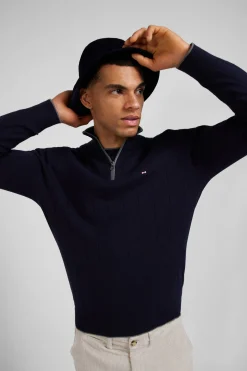 Pull col camionneur en coton et cachemire bleu marine coupe Regular