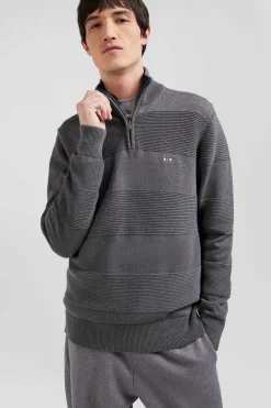 Pull col camionneur en coton gris à jeux de maille coupe Regular