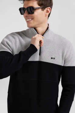 Pull col camionneur en coton gris à jeux de maille coupe Regular
