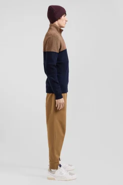 Pull col camionneur en coton camel à jeux de maille coupe Regular