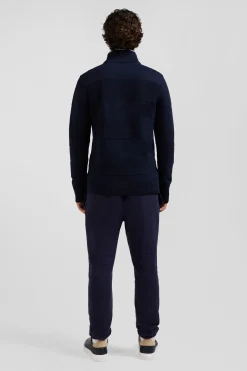 Pull col camionneur en coton bleu marine à jeux de maille coupe Regular