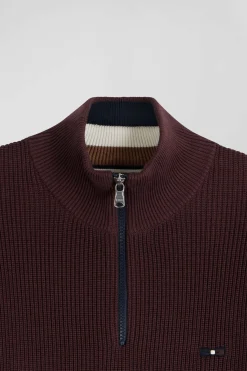 Pull col camionneur en coton bordeaux à jeux de maille coupe Regular