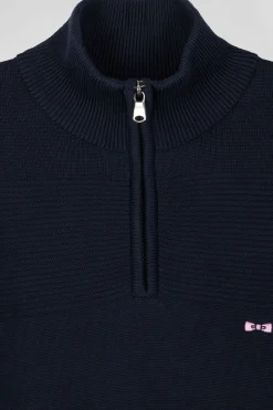 Pull col camionneur en coton bleu marine à jeux de maille coupe Regular