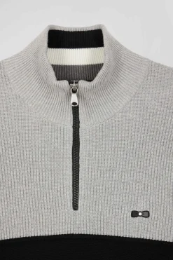 Pull col camionneur en coton gris à jeux de maille coupe Regular