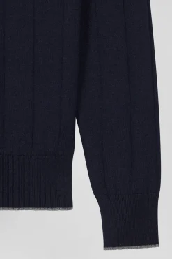Pull col camionneur en coton et cachemire bleu marine coupe Regular
