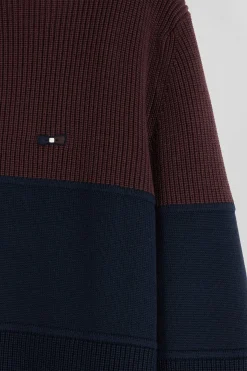Pull col camionneur en coton bordeaux à jeux de maille coupe Regular