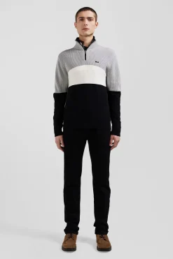 Pull col camionneur montant en coton gris à jeux de maille coupe Regular