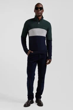 Pull col camionneur montant en coton vert à jeux de maille coupe Regular