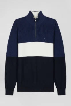 Pull col camionneur montant en coton bleu foncé à jeux de maille coupe Regular