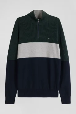 Pull col camionneur montant en coton vert à jeux de maille coupe Regular