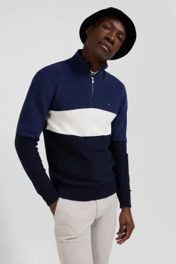 Pull col camionneur montant en coton bleu foncé à jeux de maille coupe Regular