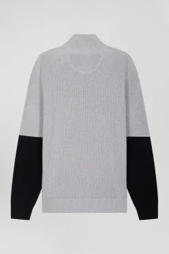 Pull col camionneur montant en coton gris à jeux de maille coupe Regular