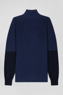 Pull col camionneur montant en coton bleu foncé à jeux de maille coupe Regular