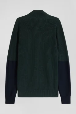 Pull col camionneur montant en coton vert à jeux de maille coupe Regular
