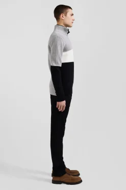Pull col camionneur montant en coton gris à jeux de maille coupe Regular