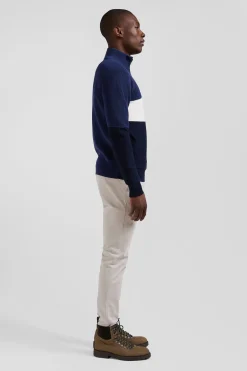 Pull col camionneur montant en coton bleu foncé à jeux de maille coupe Regular
