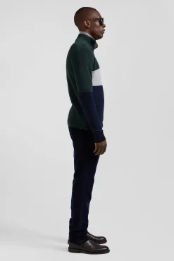 Pull col camionneur montant en coton vert à jeux de maille coupe Regular
