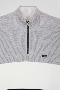 Pull col camionneur montant en coton gris à jeux de maille coupe Regular