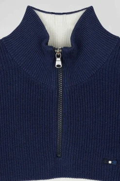 Pull col camionneur montant en coton bleu foncé à jeux de maille coupe Regular
